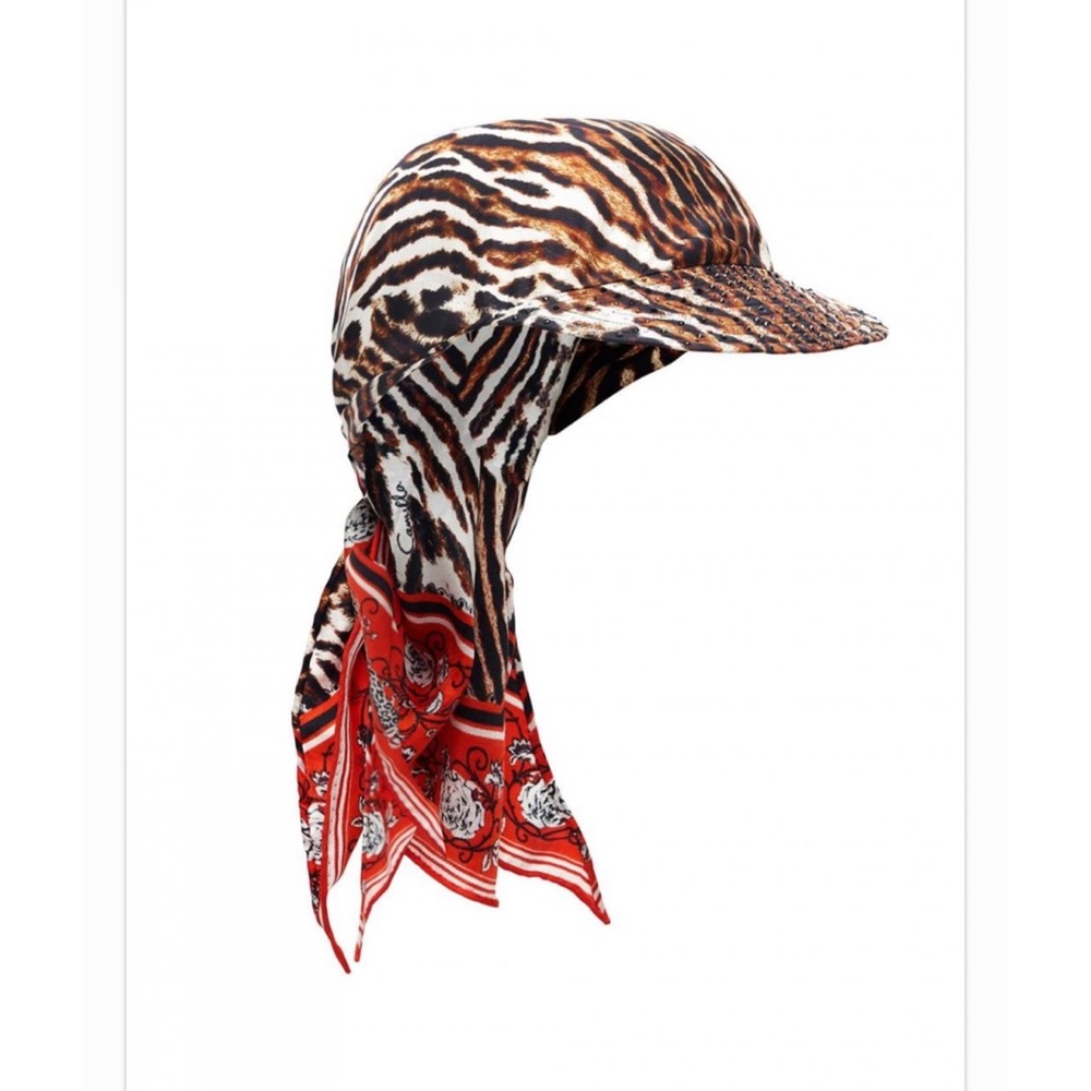 Camilla Brown Black White Animal-Print Scarf Cap with Red Accent